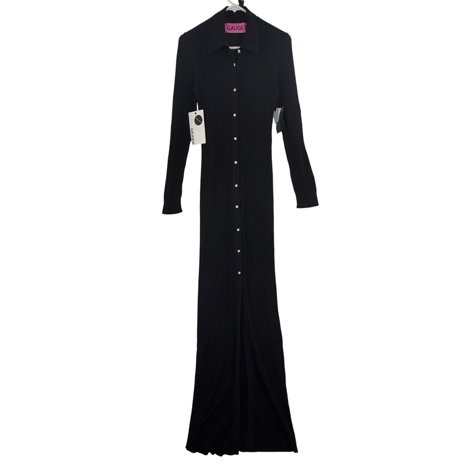 Gauge81 Dress Womens Small Black Bern Ribbed Knit Swarovski Crystal Button Maxi